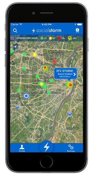 SocialStorm radar showing an EF2 storm